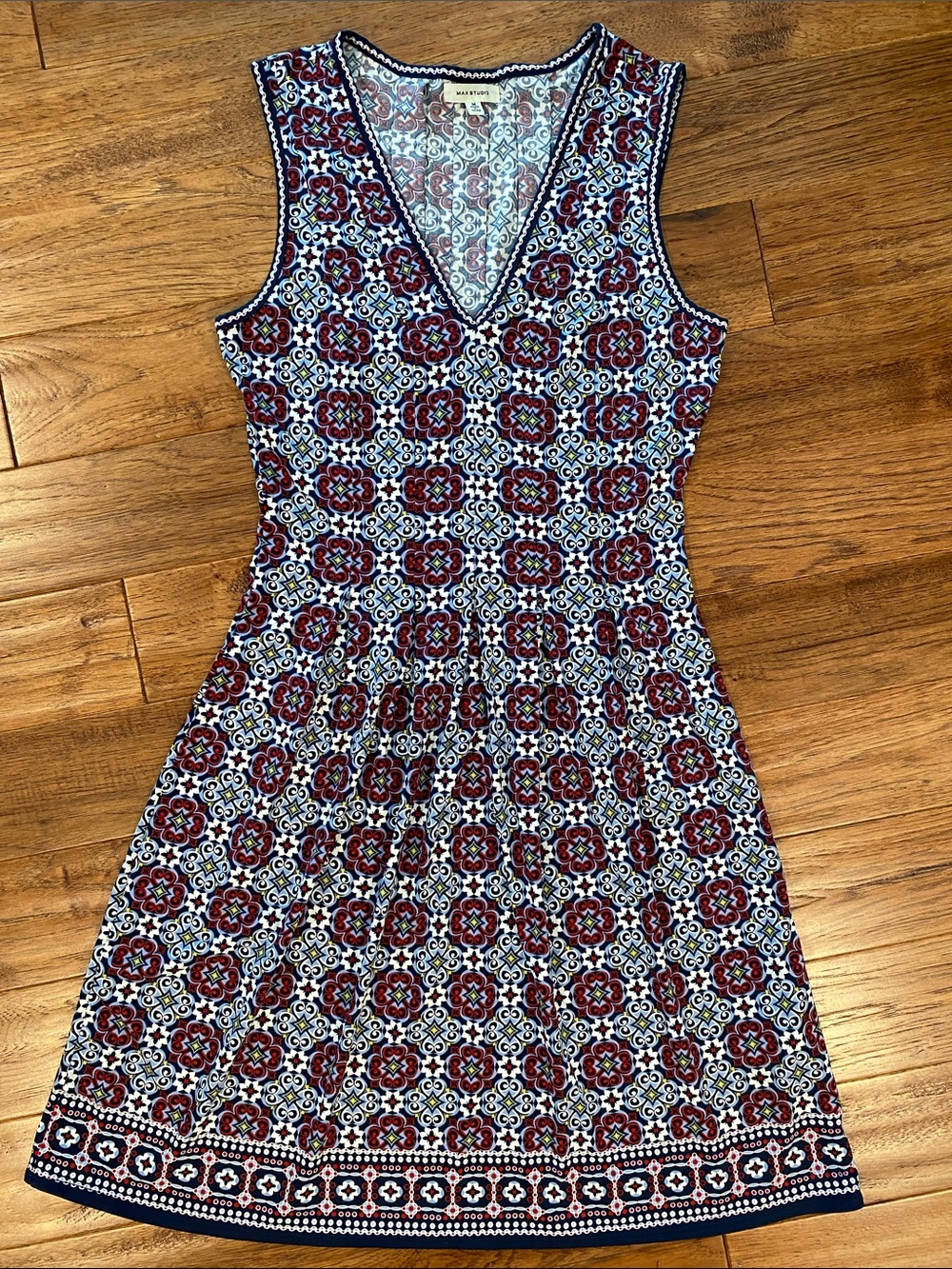 Max Studio Sleeveless V-Neck Mini Dress in Blue and Burgundy